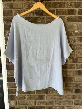 Before You Light Blue Gauze Frayed Boat Neck Oversized Tunic Top Size Sm (loose)